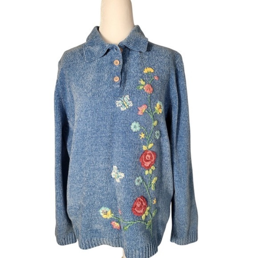 Alfred Dunner Blue Chenille Embroidered Floral Butterfly Polo Sweater Large